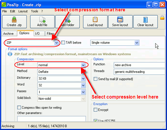 Peazip -Selecting the compression format
